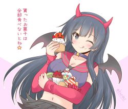 Rule 34 | 1girl, adapted costume, agano (kancolle), bat wings, black hair, black shirt, black skirt, commentary request, cowboy shot, cupcake, demon horns, demon wings, detached sleeves, fake horns, food, green eyes, halloween costume, horns, kantai collection, long hair, looking at viewer, midriff, one-hour drawing challenge, red sailor collar, sailor collar, shirt, shizuna kaede, skirt, sleeveless, sleeveless shirt, solo, translation request, wings