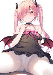 Rule 34 | 1girl, alexmaster, bare shoulders, blush, cameltoe, choker, demon girl, demon horns, demon wings, dress, flat chest, hair over one eye, highres, horns, long hair, looking at viewer, original, panties, parted lips, pink hair, pointy ears, red eyes, simple background, sitting, solo, spread legs, twintails, underwear, white background, white panties, wings