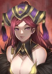 Rule 34 | 1girl, bare shoulders, braid, breasts, cleavage, commentary, detached collar, detached sleeves, dog hate burger, dress, earrings, feather trim, fire emblem, fire emblem heroes, hair ornament, hair tubes, hat, headdress, highres, jewelry, large breasts, lips, lipstick, loki (fire emblem), long hair, makeup, nintendo, pink lips, purple eyes, purple hair, simple background, solo, upper body