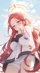 Rule 34 | 1girl, absurdres, blue archive, blush, bow, closed mouth, cloud, cloudy sky, danha, day, from below, grey eyes, hair bow, halo, highres, jacket, long hair, long sleeves, outdoors, red hair, shorts, sky, solo, white bow, white jacket, white shorts, yellow halo, yuzu (blue archive)