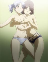 Rule 34 | 2girls, absurdres, atia simmons, breasts, brown eyes, brown hair, chiffon fairchild, closed eyes, drill hair, freezing (series), grabbing, grabbing another&#039;s breast, highres, lingerie, multiple girls, panties, short hair, silver hair, smile, standing, striped clothes, striped panties, topless, underwear, yuri