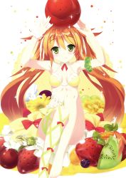 Rule 34 | 1girl, absurdres, arm strap, armpits, barefoot, blush, bow, bra, breasts, choker, cleavage, floating hair, food, food on head, frilled bra, frills, fruit, fruit on head, green eyes, green ribbon, hair between eyes, highres, kannagi rei, layered skirt, leg ribbon, long hair, object on head, orange hair, red bow, ribbon, sitting, skirt, small breasts, solo, strawberry, twintails, underwear, very long hair, white background, wrist cuffs, yellow bra