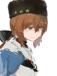 Rule 34 | 1girl, agtt25333, anchor, bow, brown eyes, brown hair, closed mouth, fur hat, hair between eyes, hair ornament, hairclip, hat, highres, kantai collection, long hair, papakha, ponytail, shirt, simple background, smile, solo, star (symbol), tashkent (kancolle), white background