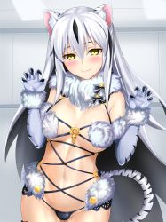 Rule 34 | 1girl, animal ear fluff, animal ears, animal print, black bow, black hair, black panties, blush, bow, breasts, commentary request, cosplay, elbow gloves, fake animal ears, fate/grand order, fate (series), fur collar, fur trim, gloves, highres, looking at viewer, mash kyrielight, mash kyrielight (dangerous beast), mash kyrielight (dangerous beast) (cosplay), medium breasts, multicolored hair, nagao kagetora (fate), nagishy, navel, o-ring, official alternate costume, panties, parted lips, paw pose, smile, solo, tail, tiger ears, tiger print, tiger tail, two-tone hair, underwear, white hair