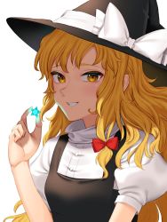 Rule 34 | 1girl, black hat, black vest, blonde hair, bow, breasts, c i an, frilled hat, frills, grin, hat, hat bow, highres, holding, holding star, kirisame marisa, long hair, puffy short sleeves, puffy sleeves, shirt, short sleeves, small breasts, smile, solo, star (symbol), touhou, turtleneck, upper body, very long hair, vest, wavy hair, white bow, white shirt, witch, witch hat, yellow eyes