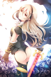 Rule 34 | 1girl, armor, ass, ayame (norie11), black armor, breasts, cape, corrin (female) (fire emblem), corrin (female) (nohr noble) (fire emblem), corrin (fire emblem), fire emblem, fire emblem fates, flower, from behind, from side, gloves, hairband, large breasts, leotard, long hair, looking at viewer, looking back, nintendo, open mouth, petals, pointy ears, red eyes, shiny skin, sideboob, solo, sword, thighhighs, thighs, thong leotard, torn cape, torn clothes, weapon, white hair, yato (fire emblem)