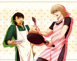 Rule 34 | 10s, 2boys, apron, barnaby brooks jr., blonde hair, brown eyes, brown hair, cooking, dishes, facial hair, fried rice, frying pan, glasses, green eyes, highres, jewelry, kaburagi t. kotetsu, male focus, multiple boys, necklace, shirt, short hair, spatula, stubble, t-shirt, tiger &amp; bunny, v-sil