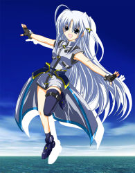 Rule 34 | 00s, 1girl, :d, ahoge, ankle boots, asymmetrical legwear, bare shoulders, black gloves, blue eyes, blue sky, blush, boots, day, fingerless gloves, floating, full body, gloves, hair ornament, horizon, long hair, lyrical nanoha, mahou shoujo lyrical nanoha, mahou shoujo lyrical nanoha strikers, ocean, open mouth, outstretched arms, reinforce zwei, silhouette, sky, sleeveless, smile, solo, thighhighs, uneven legwear, uniform, very long hair, waist cape, water, white hair, wrist cuffs, x hair ornament