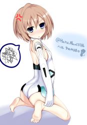 Rule 34 | 1girl, absurdres, anger vein, annoyed, artist request, ass, bad id, bare shoulders, barefoot, blanc, blanc (neptunia), blue eyes, blush, bodysuit, brown hair, cosplay, elbow gloves, feet, gloves, highres, kneeling, looking at viewer, neptune (series), open mouth, parted lips, shiny clothes, shiny skin, short hair, soles, solo, spoken squiggle, squiggle, tears, thought bubble, toes, white heart (neptunia), white heart (neptunia) (cosplay)