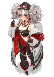 Rule 34 | 1girl, azur lane, bare shoulders, black choker, black gloves, black overalls, black sports bra, blush, breasts, choker, cleavage, clenched hands, clothing cutout, coat, collarbone, commentary, cross, cross choker, fingerless gloves, full body, fur-trimmed coat, fur trim, gloves, goggles, goggles on head, grey hair, hair between eyes, hair ribbon, hand up, highres, iron cross, jewelry, large breasts, long hair, long sleeves, mg42cat-k1ng, midriff, multicolored hair, necklace, off shoulder, open clothes, open coat, overalls, parted lips, prinz adalbert (azur lane), red eyes, red hair, red ribbon, ribbon, rudder footwear, sidelocks, simple background, smile, solo, sports bra, standing, streaked hair, thigh cutout, twintails, white background, white coat