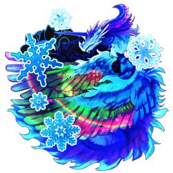 Rule 34 | blue eyes, dragon, feathered wings, jewelry, magatama, magatama necklace, necklace, no humans, original, profile, rainbow, snowflakes, transparent background, tsura ra neko (ice cat696), wings