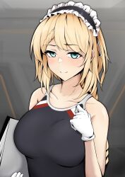 Rule 34 | 1girl, absurdres, bare shoulders, black one-piece swimsuit, blonde hair, blue eyes, blush, braid, braided bangs, breasts, collarbone, commentary request, competition swimsuit, g36 (girls&#039; frontline), girls&#039; frontline, gloves, highres, holding, holding paper, large breasts, long hair, looking at viewer, maid headdress, mosamosaobake, multicolored clothes, multicolored swimsuit, one-piece swimsuit, paper, solo, swimsuit, white gloves