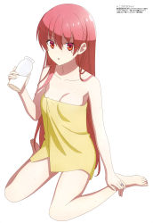 Rule 34 | 1girl, absurdres, barefoot, bottle, breasts, cleavage, collarbone, copyright name, full body, hair between eyes, highres, holding, holding bottle, jewelry, long hair, medium breasts, milk bottle, naked towel, open mouth, red eyes, red hair, ring, simple background, sitting, solo, straight hair, tonikaku kawaii, towel, very long hair, wariza, wet, wet hair, white background, yellow towel, yuzaki tsukasa
