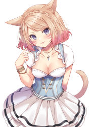 Rule 34 | 1girl, absurdres, animal ears, bangle, blush, bracelet, breasts, brown hair, cat ears, cat girl, cat tail, cleavage, closed mouth, collarbone, dress, facial mark, final fantasy, final fantasy xiv, hand up, head tilt, highres, jewelry, looking at viewer, medium breasts, miqo&#039;te, multicolored hair, nail polish, nazuna shizuku, pink hair, pleated dress, purple eyes, red nails, short sleeves, simple background, smile, solo, streaked hair, swept bangs, tail, warrior of light (ff14), whisker markings, white background, white dress
