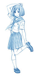 Rule 34 | 1girl, adjusting clothes, adjusting shoe, arm up, bbb (friskuser), blue theme, breasts, commentary request, eba kurako, greyscale, hair ornament, hairclip, hand on own head, highres, hyouka, kamiyama high school uniform (hyouka), loafers, looking at viewer, monochrome, neckerchief, open mouth, pleated skirt, removing shoes, school uniform, serafuku, shadow, shoes, short hair, short sleeves, skirt, small breasts, socks, solo, white background