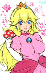 Rule 34 | 1girl, :d, arm at side, blonde hair, blue eyes, boo (mario), breasts, brooch, character request, covered erect nipples, crown, dress, earrings, elbow gloves, eyelashes, fly agaric, gloves, hair between eyes, hand up, highres, holding, holding mushroom, impossible clothes, impossible dress, jewelry, kirby, kirby (series), large breasts, lips, long hair, looking at viewer, mario, mario (series), mushroom, nintendo, open mouth, pink dress, pink lips, polka dot, princess, princess peach, puffy short sleeves, puffy sleeves, shirogane tsubasa, short sleeves, simple background, sketch, smile, solo focus, super mario bros. 1, translation request, upper body, white background, white gloves