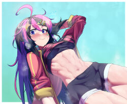 Rule 34 | 1girl, abs, antenna hair, arm behind head, bandage on face, bandages, black hair, blush, chase chase jokers, jacket, mikichika, muscular, muscular female, open clothes, open jacket, pink hair, purple eyes, shorts, smile, sweat, toned