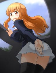 Rule 34 | 1girl, absurdres, akito (sub707), black thighhighs, blue jacket, blue sky, blunt bangs, blush, commentary, covering privates, covering ass, day, from behind, frown, girls und panzer, highres, jacket, leaning forward, long hair, long sleeves, looking at viewer, looking back, military, military uniform, miniskirt, ooarai military uniform, open mouth, orange eyes, orange hair, pleated skirt, skirt, sky, solo, standing, sweatdrop, takebe saori, thighhighs, uniform, vehicle interior, white skirt, wind