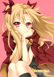 Rule 34 | 1girl, absurdres, blonde hair, character name, earrings, ereshkigal (fate), fate/grand order, fate (series), hair ribbon, hands on own cheeks, hands on own face, highres, hisagiyuu, jewelry, long hair, looking at viewer, pink background, red eyes, red ribbon, ribbon, scan, sitting, smile, solo, tohsaka rin, twintails, very long hair