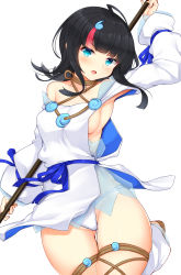 Rule 34 | 1girl, ahoge, arm up, armpits, bare shoulders, black hair, blue eyes, blue sash, blush, breasts, commentary request, cowboy shot, daichi (tokoya), dress, fate/grand order, fate (series), head tilt, highres, holding, long hair, looking at viewer, medium breasts, open mouth, panties, sash, sideboob, simple background, solo, standing, thighs, underwear, utsumi erice, white background, white dress, white panties