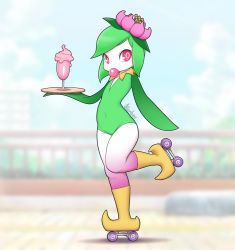 Rule 34 | 1girl, blurry, blurry background, blowing bubbles, chewing gum, covered navel, creatures (company), depth of field, female focus, full body, game freak, green hair, green leotard, highres, hisuian lilligant, holding, holding tray, kionant, leotard, looking at viewer, nintendo, pink eyes, pokemon, pokemon (creature), roller skates, signature, skates, solo, standing, standing on one leg, tray, waitress
