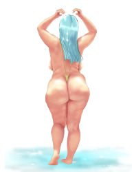 Rule 34 | 1girl, absurdres, armpits, arms up, ass, backboob, breasts, curvy, dragon ball, dragonball z, feet, female focus, from behind, full body, green hair, groin, highres, huge ass, large breasts, legs, long hair, maron (dragon ball), one-piece swimsuit, revealing clothes, simple background, slingshot swimsuit, solo, swimsuit, thick thighs, thighs, ultivlad, water, white background, wide hips, yellow one-piece swimsuit