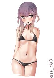 Rule 34 | 1girl, bare shoulders, bikini, black bikini, blush, breasts, brown eyes, brown hair, closed mouth, collarbone, commentary request, cropped legs, gradient hair, groin, hair between eyes, hair ornament, hairclip, halterneck, highres, kantai collection, looking at viewer, mole, mole under eye, mouth hold, multicolored hair, navel, one-hour drawing challenge, purple hair, ribs, simple background, small breasts, smile, solo, swimsuit, tf cafe, tsushima (kancolle), twitter username, white background