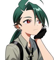 Rule 34 | 1girl, ahoge, black gloves, black necktie, closed mouth, collared shirt, commentary request, creatures (company), dated, earrings, game freak, genjitsu o miro, gloves, green hair, grey shirt, hand up, head rest, highres, jewelry, long hair, necktie, nintendo, pokemon, pokemon sv, rika (pokemon), shirt, simple background, solo, stud earrings, suspenders, white background