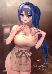 Rule 34 | 1girl, absurdres, alyssa (specktech), apron, bare shoulders, blue eyes, blue hair, breasts, cleavage, commission, cowboy shot, english text, hairband, hand up, highres, index finger raised, large breasts, long hair, moe (hamhamham), naked apron, original, parted lips, phantasy star, phantasy star online 2, skeb commission, solo, thank you