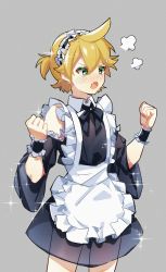 Rule 34 | 1boy, puff of air, alternate costume, apron, bare shoulders, black dress, blonde hair, blush, chi ya, clenched hands, commentary, crossdressing, dress, enmaided, frilled apron, frills, green eyes, grey background, hands up, highres, kagamine len, maid, maid apron, maid headdress, male focus, off-shoulder dress, off shoulder, open mouth, see-through, see-through skirt, short ponytail, skirt, sparkle, spiked hair, v-shaped eyebrows, vocaloid, wrist cuffs