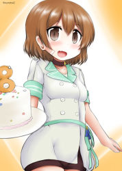 Rule 34 | 1girl, bandaid, bandaid on face, birthday cake, brown eyes, brown hair, cake, commentary request, cowboy shot, dress, food, gradient background, kantai collection, looking at viewer, oboro (kancolle), official alternate costume, ouno (nounai disintegration), short hair, smile, solo, white background, white dress