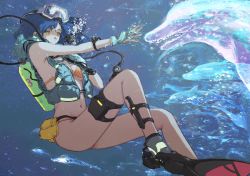 Rule 34 | 1girl, bare shoulders, bikini, blue hair, breasts, bubble, cleavage, crack, diving, diving mask, diving mask on head, dolphin, flippers, gloves, goggles, goggles on head, highres, knife, long hair, looking away, navel, original, outstretched arm, outstretched hand, scuba, scuba tank, smile, solo, swimsuit, thigh strap, torn clothes, torn gloves, underwater, water, yellow eyes, ymr
