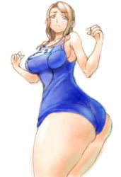Rule 34 | 13th clown, 1girl, ass, breasts, brown eyes, brown hair, frown, huge ass, large breasts, mature female, one-piece swimsuit, original, school swimsuit, sideboob, solo, swimsuit, thick thighs, thighs
