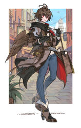 Rule 34 | 1boy, ahoge, bag, bird, bishounen, boots, brown coat, brown feathers, brown footwear, brown hair, building, coat, commentary, denim, english text, feathers, full body, fur-trimmed boots, fur trim, granblue fantasy, hair between eyes, high heel boots, high heels, highres, jeans, looking at viewer, male focus, messy hair, official alternate costume, pants, red eyes, ribbed sweater, sandalphon (granblue fantasy), scenery, short hair, shoulder bag, smile, solo focus, sweater, tekki (tki), turtleneck
