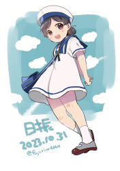 Rule 34 | 1girl, bag, black hair, blue sailor collar, blue sky, brown eyes, character doll, cloud, dated, dress, fujii rino, full body, hat, hiburi (kancolle), kantai collection, low ponytail, one-hour drawing challenge, open mouth, round teeth, sailor collar, sailor dress, sailor hat, shoes, short hair, short sleeves, sky, smile, socks, solo, teeth, upper teeth only, uwabaki, white dress, white hat, white socks