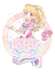 Rule 34 | 1girl, :d, blonde hair, blue bow, bow, bracelet, chiri (ch!), clock, compact (cosmetics), full body, hair bow, hair ornament, hand on own cheek, hand on own face, hands up, holding compact, idol clothes, idol time pripara, jewelry, long hair, looking at viewer, open mouth, pink bow, pink shirt, pink skirt, pretty series, pripara, punicorn, purple bow, purple eyes, ringlets, shirt, shoes, skirt, smile, solo, star (symbol), star hair ornament, third-party source, two side up, unicorn, white background, yumekawa yui