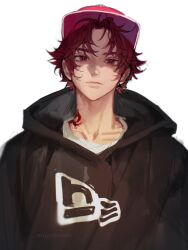 Rule 34 | 1boy, baseball cap, black hoodie, closed mouth, grey background, hat, highres, hood, hood down, hoodie, looking at viewer, male focus, neck tattoo, paradox live, red eyes, red hair, shirt, sketch, solo, sugasano allen, tattoo, white shirt, yoonmiumi