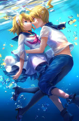 Rule 34 | 1boy, 1girl, ahoge, air bubble, alternate costume, bad id, bad pixiv id, black footwear, black pantyhose, blonde hair, blue eyes, blue pants, breath, brother and sister, bubble, dress, eye contact, face-to-face, hairband, holding breath, kagamine len, kagamine rin, looking at another, pants, pantyhose, parted lips, petals, ponytail, red ribbon, ribbon, sailor collar, sailor dress, see-through, shirt, shoes, short hair, siblings, stella chen yui, swept bangs, twins, underwater, upshirt, vocaloid, white dress, white ribbon, white shirt, wide sleeves