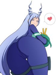 Rule 34 | 1girl, ass, blue bodysuit, blue eyes, blue hair, bodysuit, boku no hero academia, from behind, gloves, hadou nejire, heart, highres, long hair, looking at viewer, looking back, moochi lan, smile, solo, spoken heart, thigh gap, thigh strap, v, very long hair, white background, yellow gloves