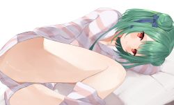 Rule 34 | 1girl, absurdres, bed, blush, check commentary, closed mouth, commentary request, double bun, eureka 814, foreshortening, green hair, hair bun, hair ribbon, highres, hololive, hood, hoodie, huge filesize, looking at viewer, loose socks, lying, on bed, on side, pink hoodie, red eyes, ribbon, short hair, shorts, simple background, smile, socks, solo, striped clothes, striped hoodie, striped legwear, striped shorts, striped socks, thighs, uruha rushia, virtual youtuber, white background, white hoodie