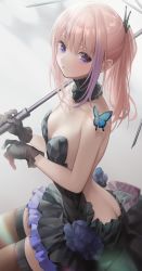 Rule 34 | 1girl, alternate costume, alternate hairstyle, ass, backless dress, backless outfit, black dress, black gloves, black thighhighs, blue butterfly, blush, breasts, bug, butterfly, closed mouth, dress, frilled dress, frills, girls&#039; frontline, gloves, gradient hair, holding, holding umbrella, insect, long hair, multicolored hair, pink hair, ponytail, purple eyes, purple hair, small breasts, solo, st ar-15 (girls&#039; frontline), strapless, strapless dress, thighhighs, umbrella, urano ura