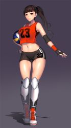 Rule 34 | 1girl, ball, black hair, clothes writing, elbow pads, fingerless gloves, full body, gloves, holding, holding ball, kashi kosugi, knee pads, long hair, looking at viewer, midriff, navel, ponytail, real life, sabina altynbekova, shoes, shorts, smile, sneakers, solo, sportswear, standing, volleyball (object), volleyball uniform