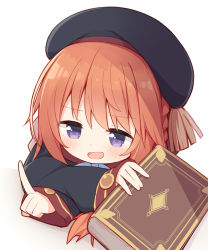 Rule 34 | 1girl, :d, ayanepuna, beret, black coat, black hat, blush, book, braid, brown hair, coat, commentary request, cropped torso, hat, highres, holding, holding book, index finger raised, long hair, long sleeves, open mouth, princess connect!, purple eyes, simple background, sleeves past wrists, smile, solo, upper body, white background, yuni (princess connect!)