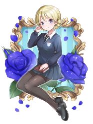 Rule 34 | 10s, 1girl, absurdres, bad id, bad pixiv id, black footwear, black necktie, black pantyhose, blonde hair, blue eyes, blue flower, blue rose, blue skirt, blue sweater, book, braid, closed mouth, collared shirt, commentary request, darjeeling (girls und panzer), dress shirt, emblem, flower, full body, girls und panzer, hand in own hair, highres, holding, holding book, invisible chair, kakuzatou (boxxxsugar), loafers, long sleeves, looking at viewer, miniskirt, necktie, pantyhose, pleated skirt, rose, school uniform, shirt, shoes, short hair, sitting, skirt, smile, solo, st. gloriana&#039;s (emblem), st. gloriana&#039;s school uniform, striped, sweater, thighs, twin braids, v-neck, vertical stripes, white shirt, wing collar