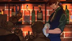 Rule 34 | 3boys, alternate costume, bar (place), bartender, beard, bottle, brown hair, christopher columbus (fate), cup, facial hair, fate/grand order, fate (series), formal, goatee, goya (xalbino), grey hair, hair over eyes, hair ribbon, hector (fate), holding, holding cup, indoors, james moriarty (archer) (fate), jewelry, li shuwen (fate), li shuwen (old) (fate), light, long hair, long sleeves, male focus, manly, medium hair, multiple boys, multiple rings, mustache, old, old man, ponytail, ribbon, ring, shadow, shirt, sleeves rolled up, smile, upper body, vest, white hair