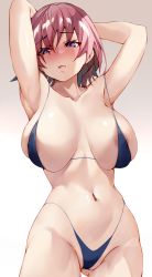 Rule 34 | 1girl, areola slip, armpits, arms behind head, arms up, bikini, black bikini, blush, breasts, breasts apart, collarbone, commentary request, cowboy shot, fate/grand order, fate (series), gluteal fold, gradient background, grey background, groin, highres, large breasts, mash kyrielight, micro bikini, navel, nose blush, open mouth, partially visible vulva, pink hair, purple eyes, short hair, shunichi, skindentation, solo, stomach, swimsuit