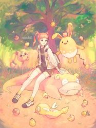 Rule 34 | 1girl, alternate hair color, alternate hairstyle, artist name, azumarill, backpack, bag, berry (pokemon), blunt bangs, creatures (company), day, dunsparce, galarian form, galarian slowpoke, game freak, gen 2 pokemon, gen 8 pokemon, gloria (pokemon), gloves, hood, hoodie, igglybuff, looking to the side, miyaulait, nintendo, open clothes, open hoodie, outdoors, parted lips, pigeon-toed, pokemon, pokemon (creature), pokemon swsh, shoes, sitting, smile, thighhighs, tree, twintails, watermark, white thighhighs