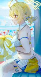 Rule 34 | 1girl, absurdres, armlet, bare back, blonde hair, blue archive, blurry, braid, breasts, commentary request, dantyou2525, depth of field, detached collar, from side, hair between eyes, hair ornament, hairclip, halo, highres, holding, holding pom poms, kotori (blue archive), kotori (cheer squad) (blue archive), low twintails, medium breasts, medium hair, millennium cheerleader outfit (blue archive), navel, official alternate costume, official alternate hairstyle, on bench, outdoors, plump, pom pom (cheerleading), pom poms, profile, red eyes, sideboob, sidelocks, single braid, sitting, solo, stadium, stomach, thighlet, twintails, two-tone skirt