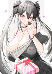 Rule 34 | 1girl, bare shoulders, black dress, black hair, blush, box, breasts, candy, chocolate, chocolate heart, choker, cleavage, collarbone, dress, food, gift, gift box, grin, hair between eyes, heart, highres, huge breasts, long hair, looking at viewer, luse maonang, off-shoulder dress, off shoulder, original, purple eyes, smile, solo, twintails, valentine, yuuki nanase