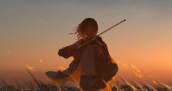 Rule 34 | 1boy, absurdres, angel, belt, black hair, blurry, blurry foreground, bow (music), chinese commentary, city, city lights, clear sky, closed eyes, commentary request, dusk, highres, holding instrument, holding violin, instrument, jacket, ji26725339, klein moretti, lord of the mysteries, music, outdoors, pants, playing instrument, shaded face, shadow, shirt, short hair, sky, violin, wind